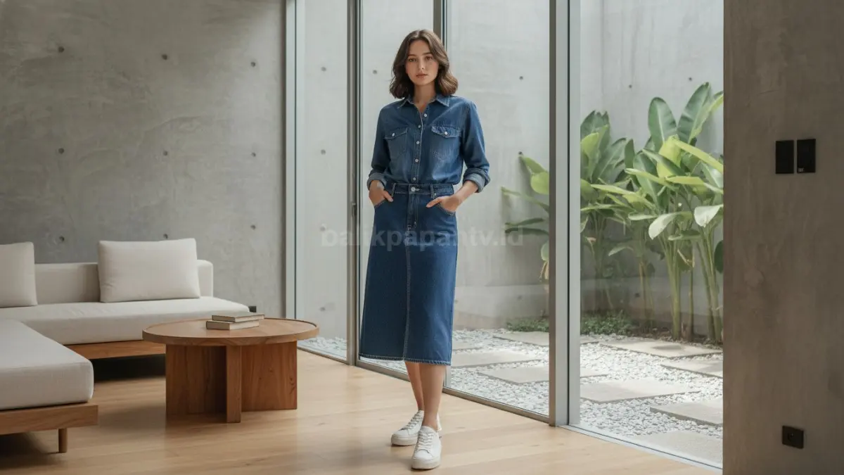 Perpaduan rok denim dan kemeja jeans membuat tampilan santai terlihat rapi dan modern
