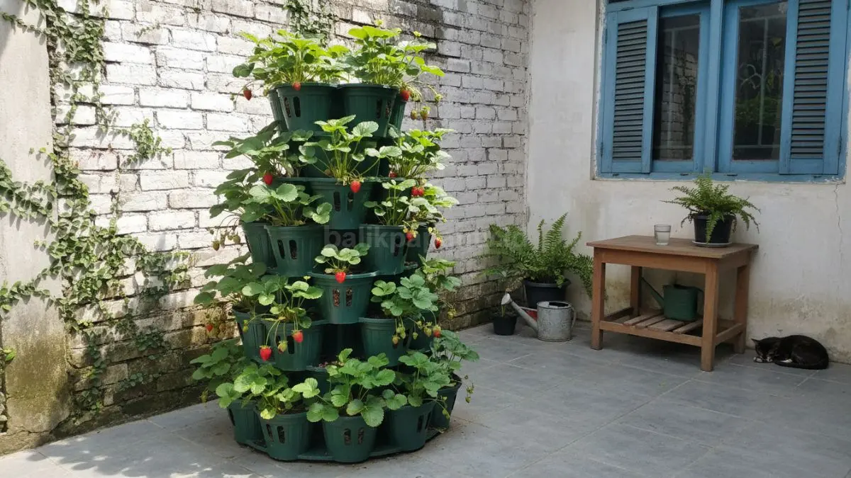 Planter stroberi vertikal dari pot plastik susun hemat tempat