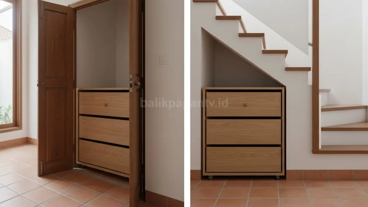 Rak geser atau drawer rolling, fleksibel di area sempit, mudah dipindah, akses cepat tanpa ganggu alur rumah.