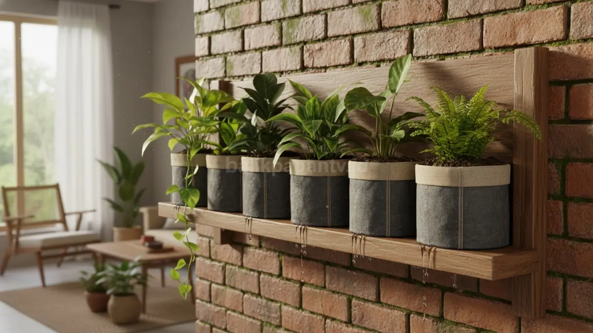 Rak kayu horizontal dengan kantong tanam bernuansa natural