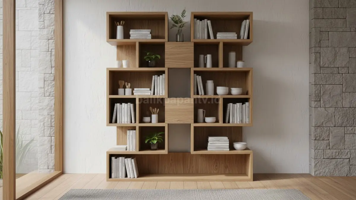 Rak modular tinggi, fleksibel sesuaikan kompartemen, simpan buku, dapur, hiasan, hemat ruang, area lega.