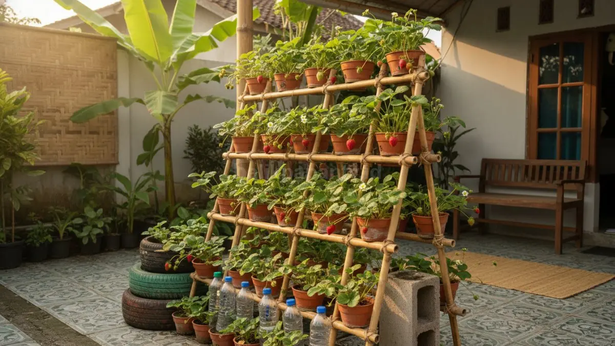 Rak pot stroberi vertikal dari pipa PVC jadi solusi hemat tempat untuk halaman kecil modern.
