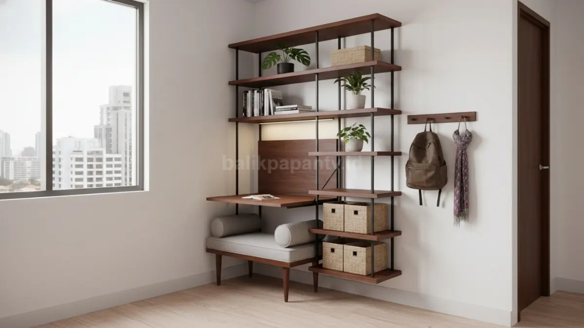 Rak tempel multifungsi untuk kamar kos kecil modern yang hemat ruang
