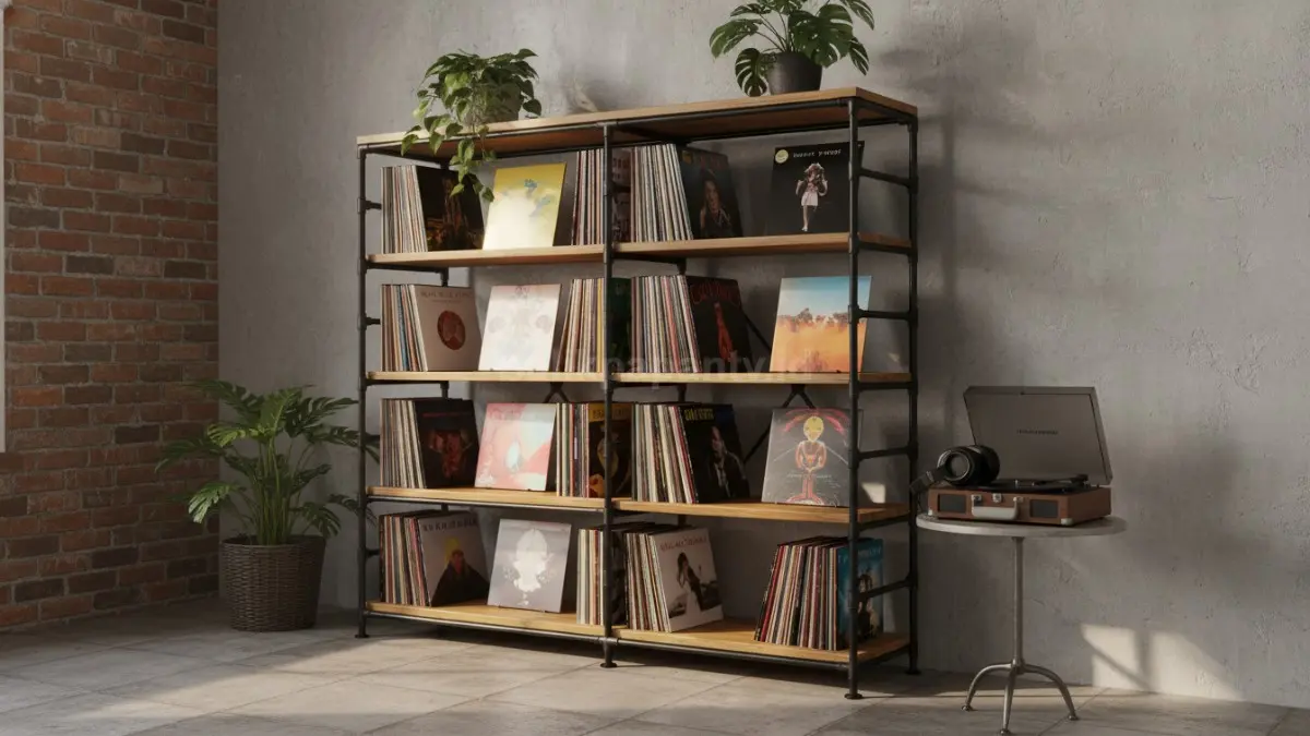 Rak vinyl retro industrial menghadirkan penyimpanan album estetik dengan sentuhan vintage modern untuk dekorasi ruangan.
