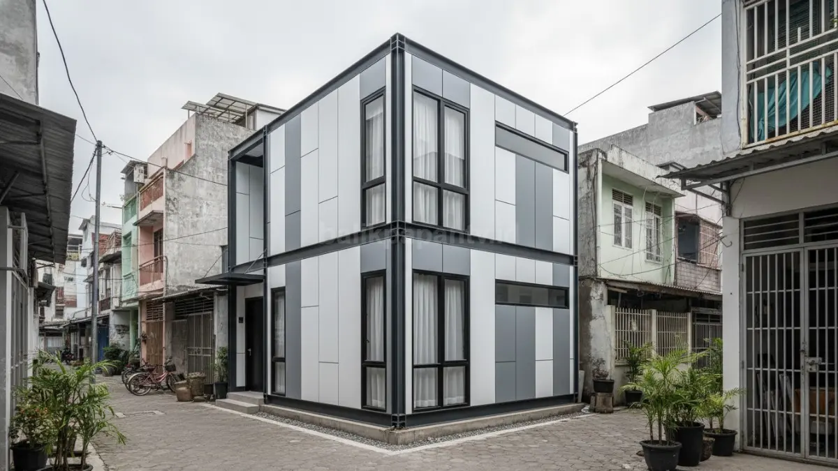 Rumah prefab industrial minimalis memakai baja ringan dan panel modern dengan proses pembangunan lebih cepat praktis.
