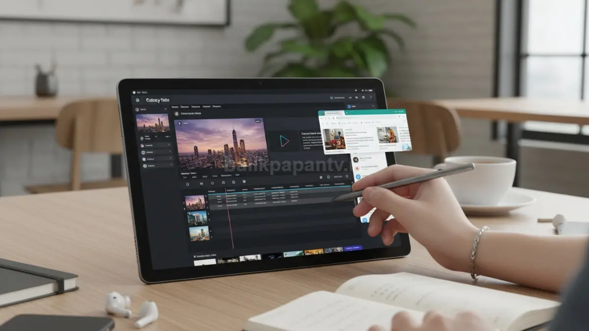 Samsung Galaxy Tab A11 Plus menampilkan aktivitas editing video dan multitasking (BTV/Ai)