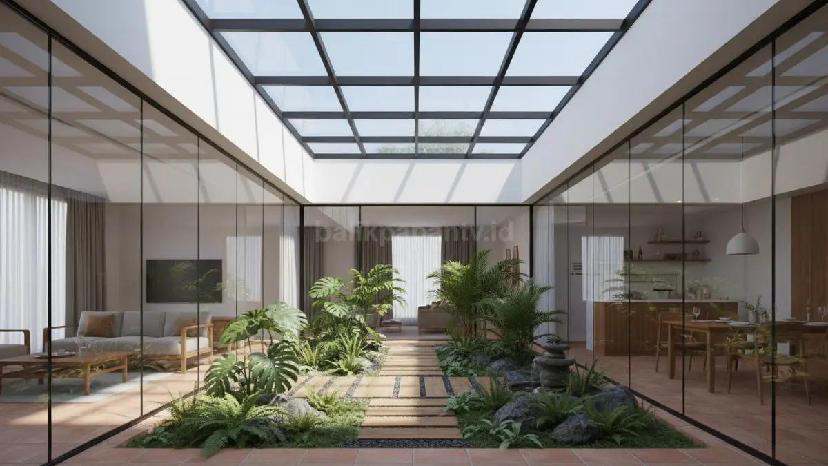 Taman tengah skylight fixed glass menghadirkan cahaya alami merata untuk rumah urban modern tropis 2026.

