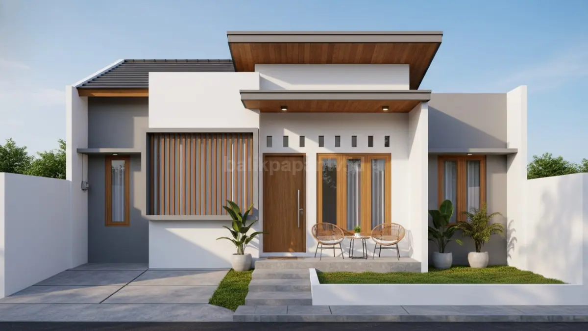 Tampilan rumah mungil modern 6x10 dengan halaman depan sederhana dan ventilasi terbuka