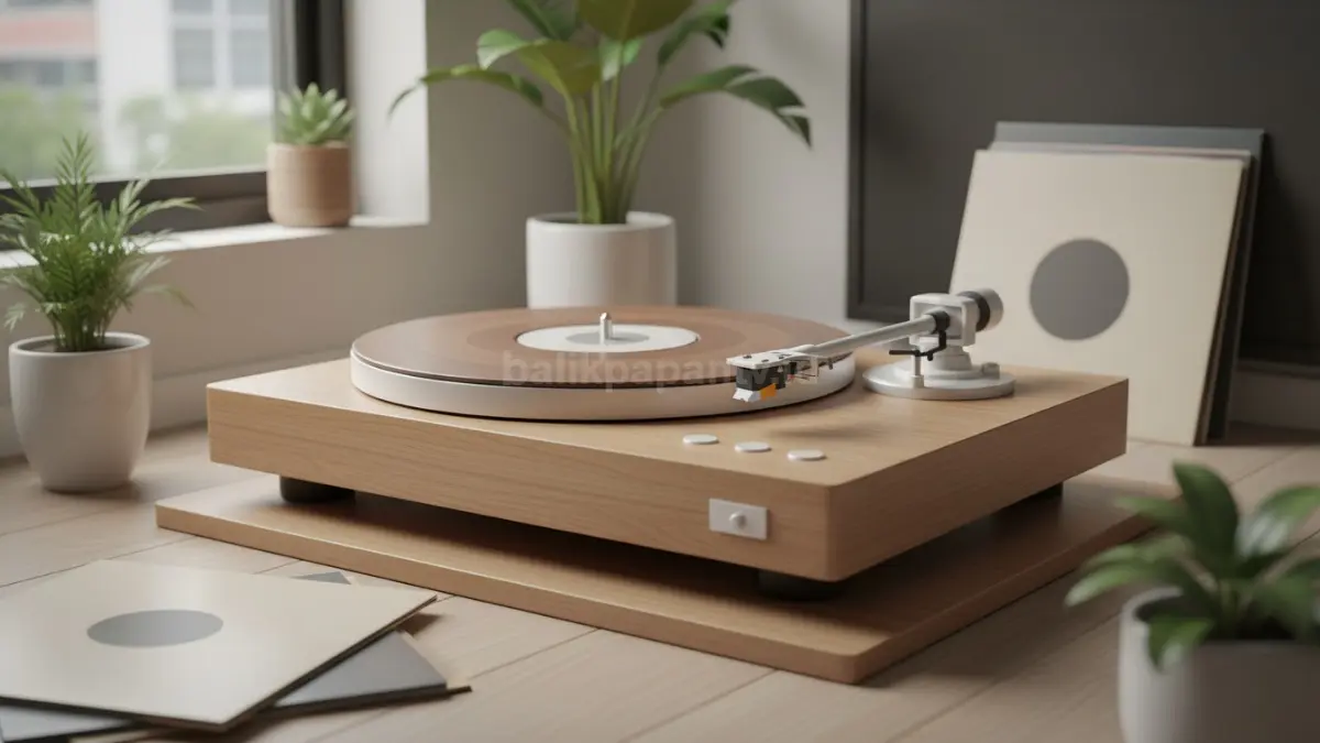 Turntable minimalis warna natural populer di rumah modern 2026 dengan desain estetik menyatu interior ruangan.
