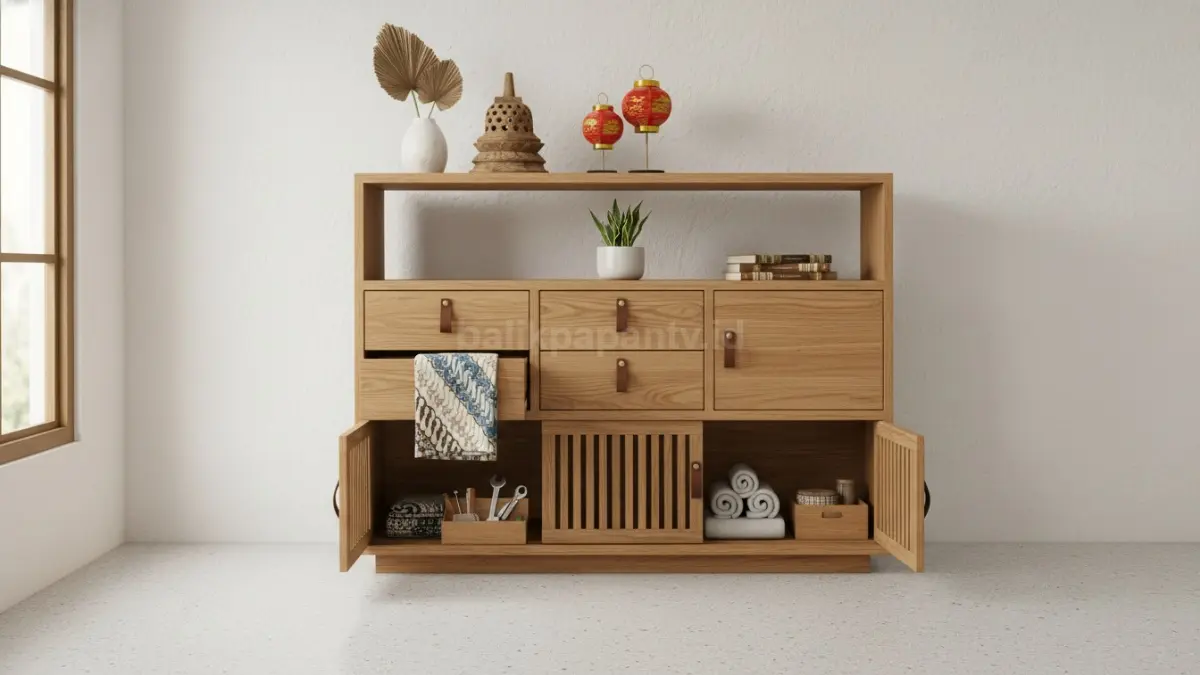 Unit penyimpanan modular serbaguna, kombinasi rak, laci, kabinet, fleksibel sesuai musim dan kegiatan rumah.