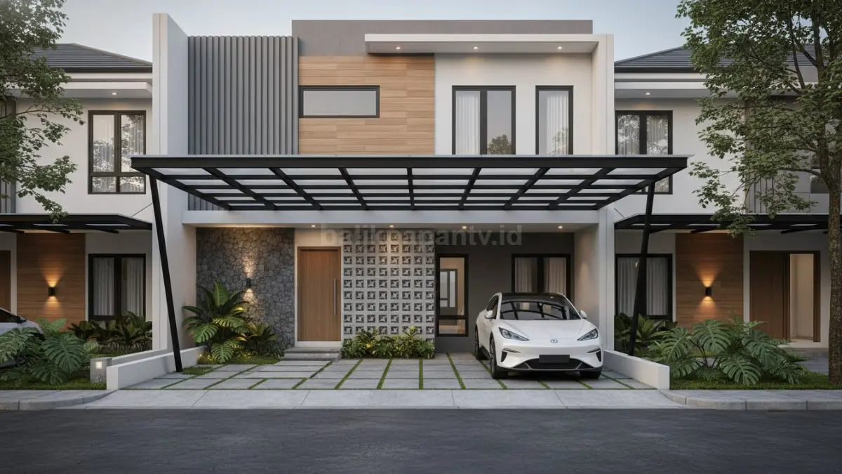 Area carport rumah urban dengan kanopi baja minimalis dan desain fasad modern. (BTV/Ai)