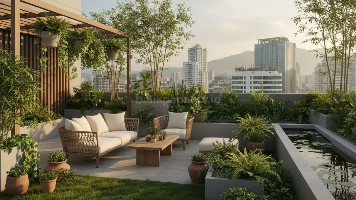 Area rooftop garden minimalis di rumah perkotaan dengan suasana hijau dan adem. (BTV/Ai)