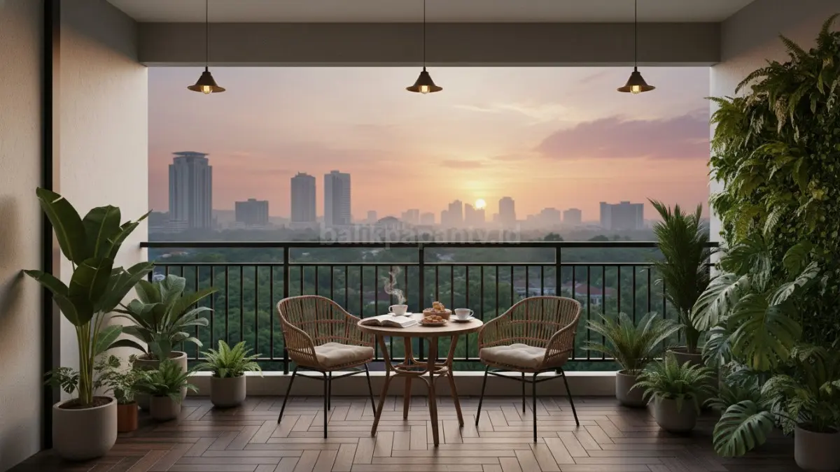 Balkon minimalis cozy ala kafe outdoor dengan lampu hangat dan tanaman tropis (BTV/Ai)