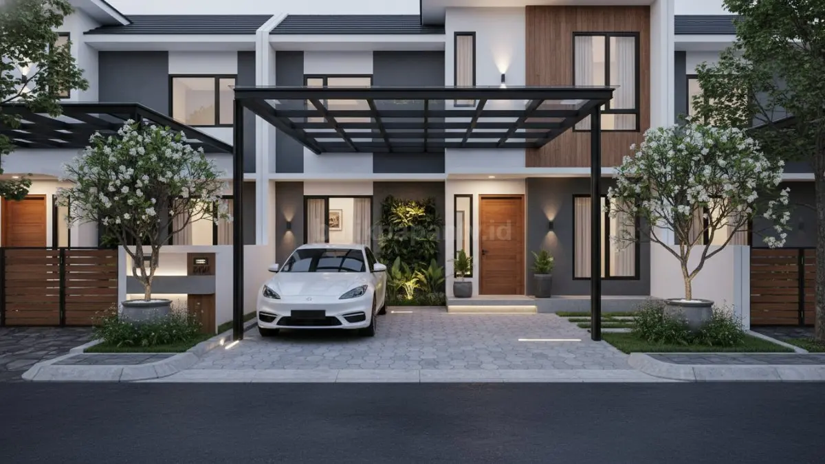 Carport modern menyatu fasad rumah minimalis dengan pencahayaan hangat dan tampilan premium. (BTV/Ai)