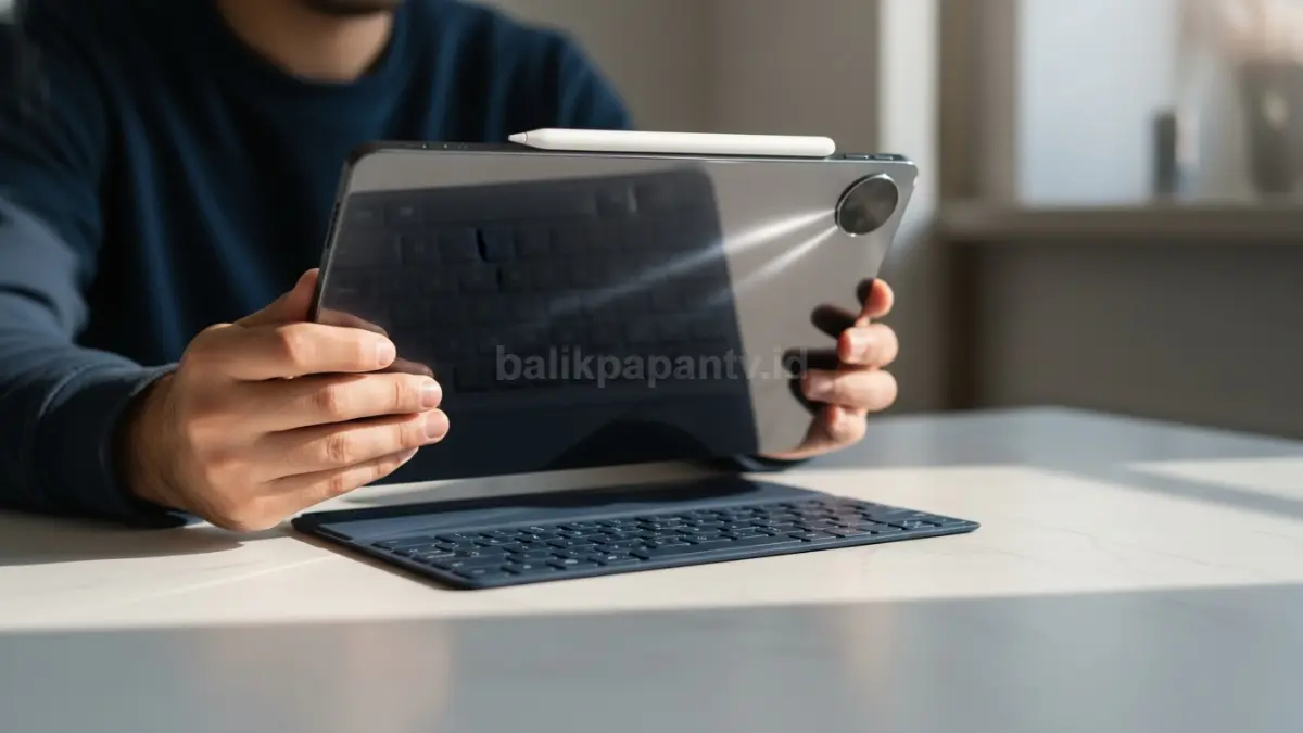 Detail Luminous Finish Huawei MatePad Pro Max yang berkilau saat terkena cahaya (BTV/Ai)