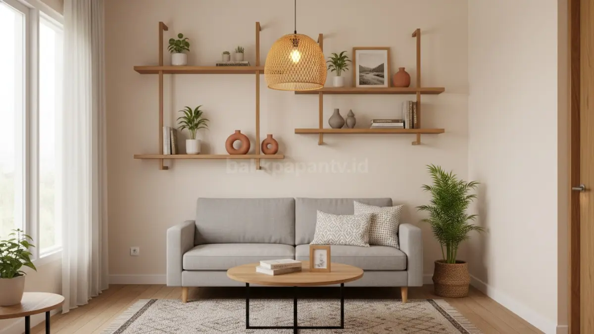 Floating shelf kayu minimalis modern pada ruang tamu kecil dengan dekor estetik dan pencahayaan hangat (BTV/Ai)
