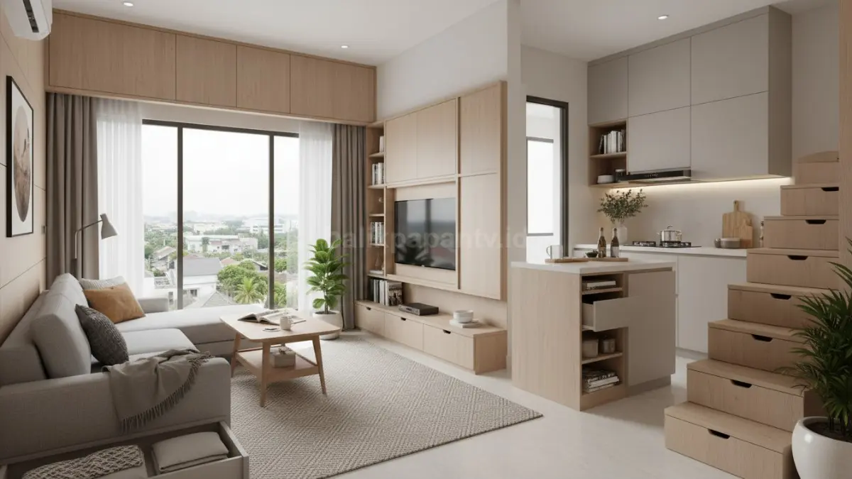 Hidden storage minimalis 2026 pada rumah kecil modern dengan desain rapi dan multifungsi (BTV/Ai)