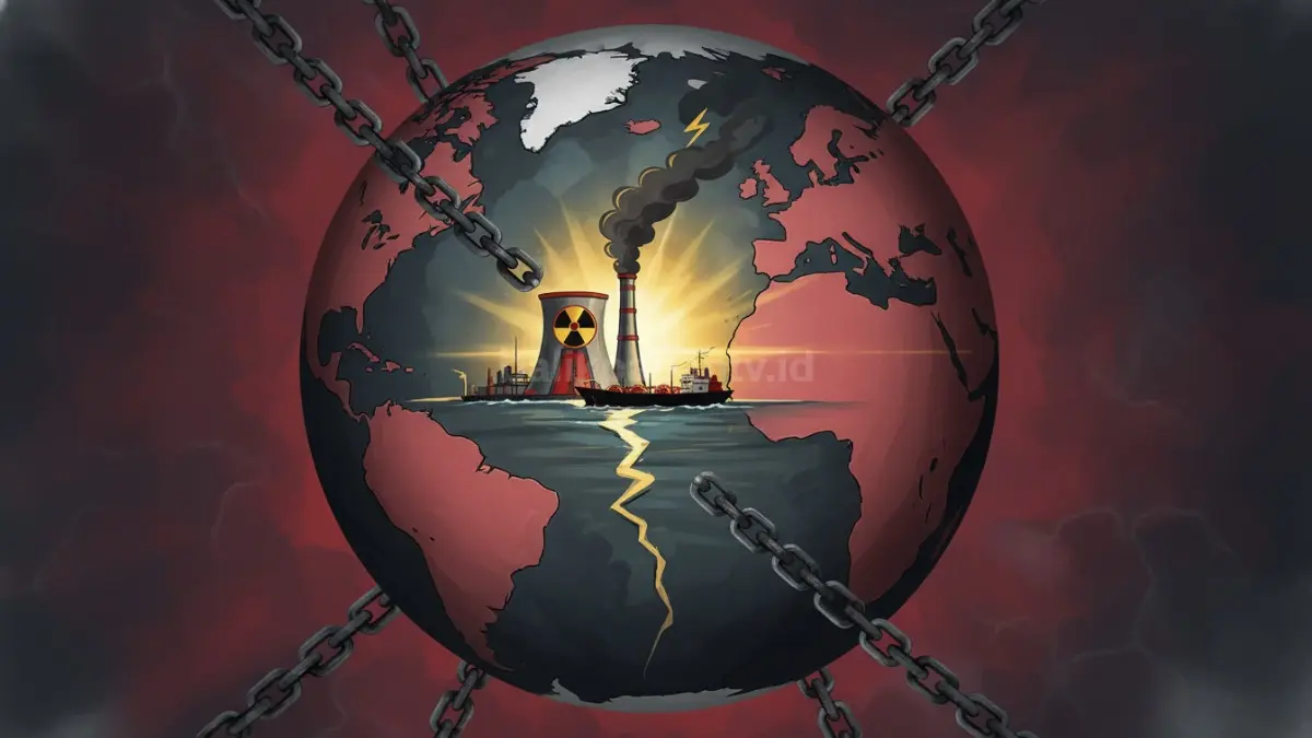 Ilustrasi ketegangan Amerika Serikat dan Iran dengan sorotan Selat Hormuz yang kembali memanas