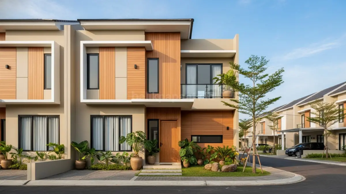 Interior rumah minimalis warm tone dengan warna earthy dan pencahayaan hangat modern. (BTV/Ai)