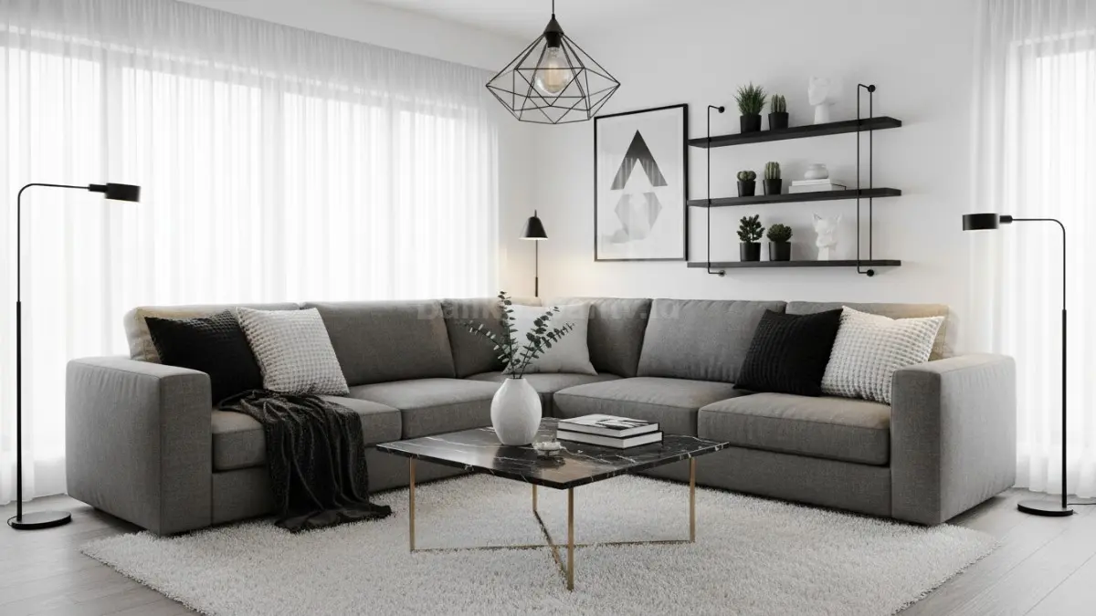 Interior rumah monokrom modern dengan perpaduan hitam putih dan pencahayaan warm light elegan (BTV/Ai)