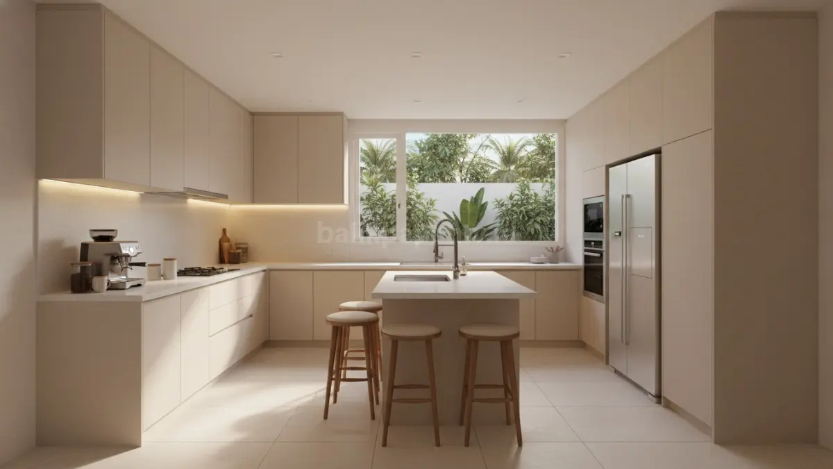 Kitchen decor minimalis clean look dengan warna beige dan warm light bikin dapur rumah terasa modern (BTV/Ai)