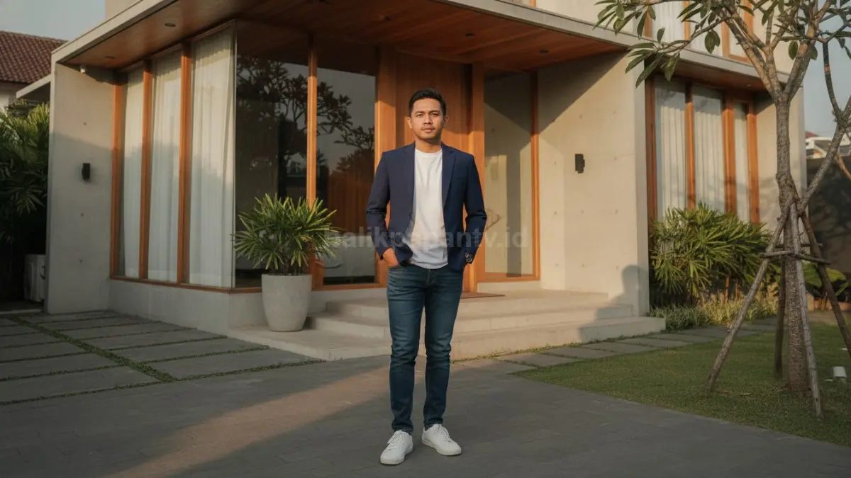 Kombinasi blazer navy dan jeans biru tua dengan tampilan simpel harian
