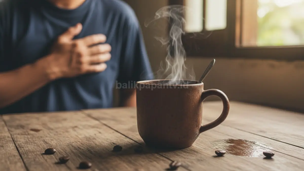 Kopi tanpa sarapan pagi sering memicu produksi asam lambung dan dada terasa panas mendadak. (BTV/AI) 
