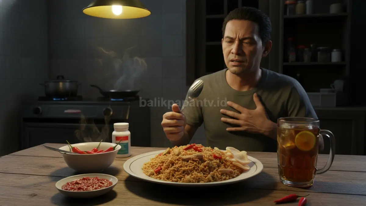 Makanan pedas berlebihan saat malam hari sering memicu dada panas dan tenggorokan terasa pahit tiba-tiba. (BTV/AI) 
