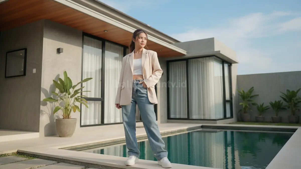 Model blazer oversized dipadukan jeans loose fit untuk gaya santai modern
