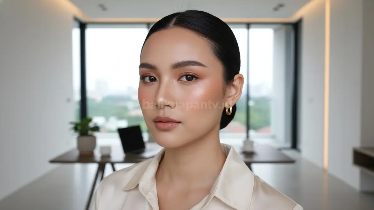 Model makeup clean girl look untuk aktivitas kantor dengan complexion ringan dan blush natural
