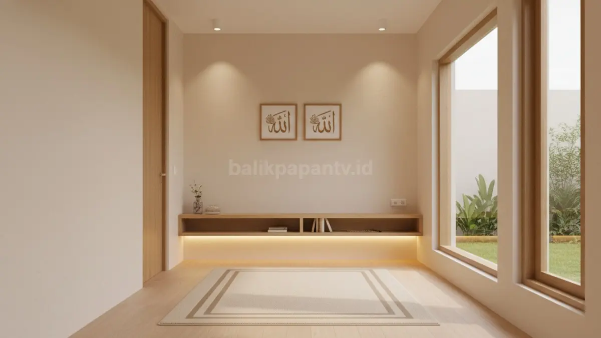 Mushola minimalis modern warna beige dengan lampu warm light di rumah compact masa kini (BTV/Ai)
