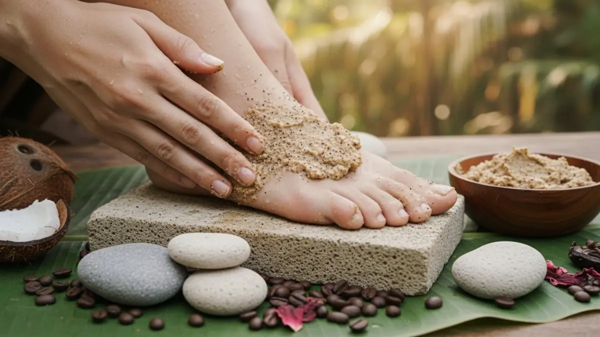 Penggunaan batu apung dan scrub kaki membantu mengangkat kulit mati agar tumit terasa halus.