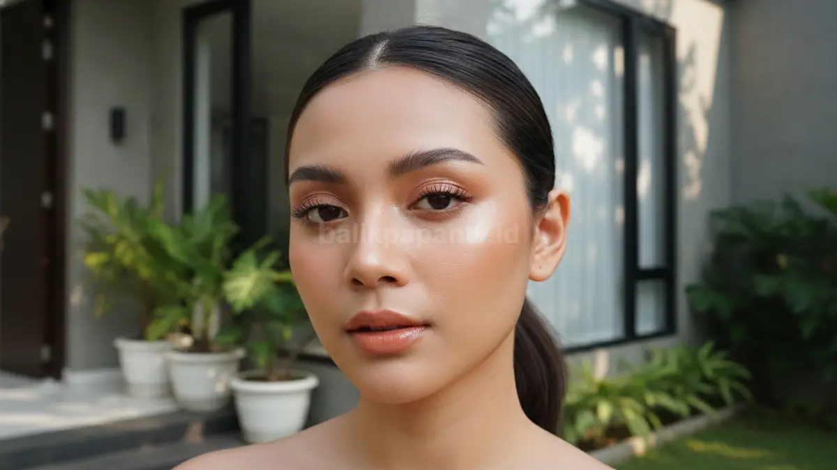 Perempuan memakai makeup clean girl look natural dengan hasil glowing ringan cocok cuaca tropis Indonesia
