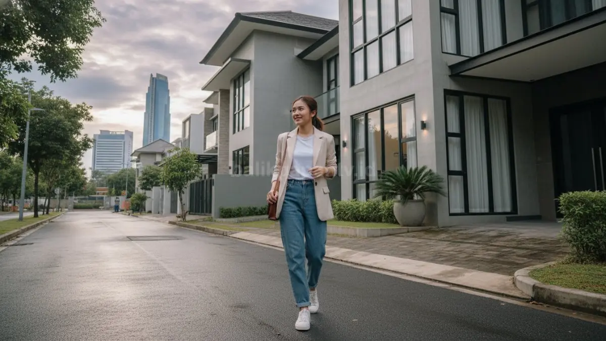 Perpaduan jeans dan blazer warna netral untuk gaya santai modern di kawasan Balikpapan
