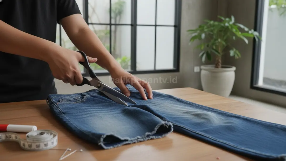 Proses memotong jeans lama agar jadi celana pendek kekinian dan nyaman dipakai
