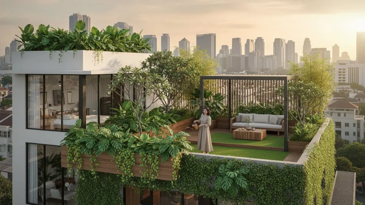 Rooftop garden modern rumah tropis dengan tanaman hijau dan area santai nyaman di kota panas. (BTV/Ai)