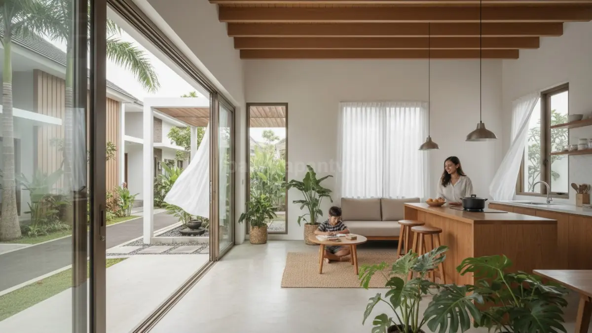 Ruang keluarga open space dengan cahaya alami besar di rumah modern tropis. (BTV/Ai)