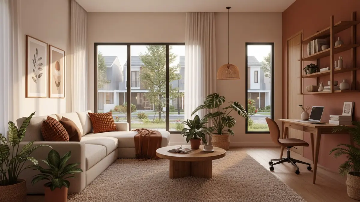 Ruang tamu warm tone modern dengan furnitur kayu alami dan suasana nyaman. (BTV/Ai)