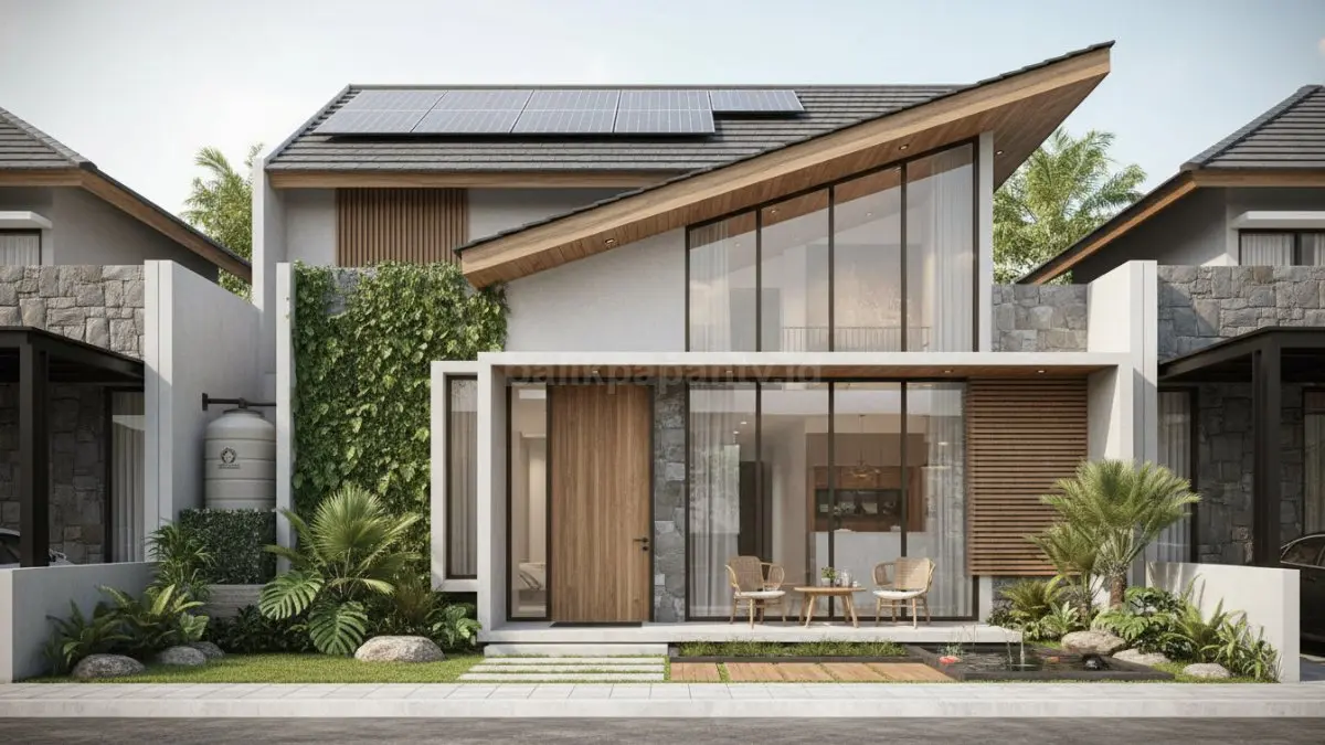 Rumah eco-friendly modern dengan ventilasi alami dan taman hijau pada hunian tropis Indonesia. (BTV/Ai)