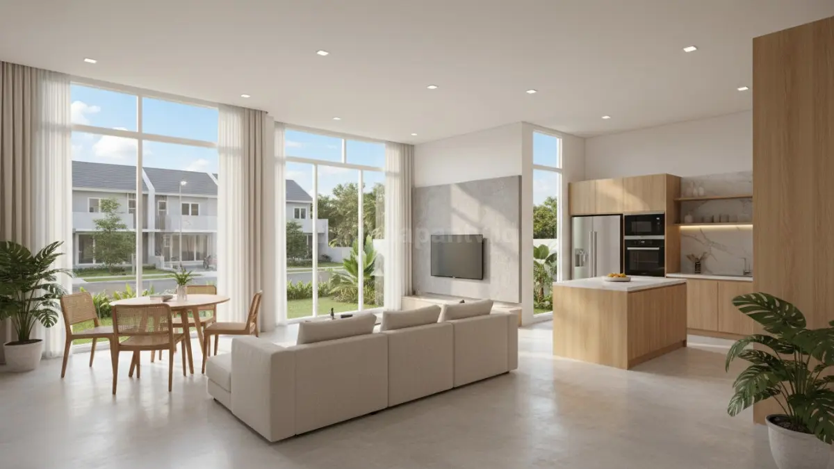 Rumah open space modern dengan ruang keluarga menyatu dapur bikin hunian kecil terasa lapang. (BTV/Ai)