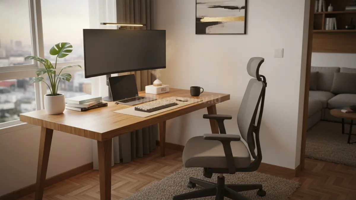 Setup meja kerja estetik minimalis dengan lampu ambient hangat dan dekor clean modern di rumah (BTV/Ai)