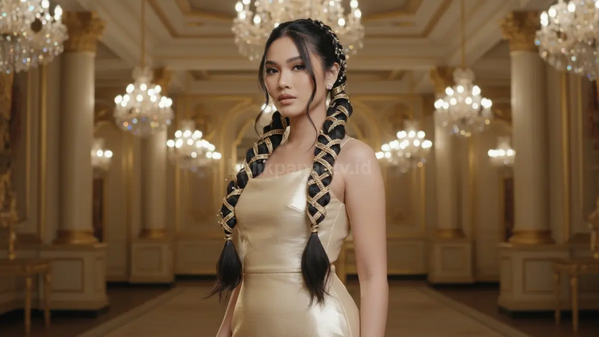 Tren double ponytail braid ala EJAE di Gold Gala 2026 bikin tampilan rambut makin stylish dan elegan. (BTV/AI)
