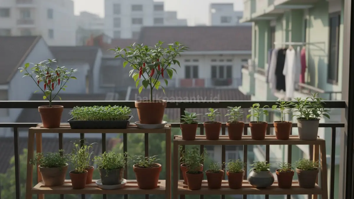 Urban gardening sederhana populer dengan microgreens dan tanaman herbal dalam pot mini di ruang terbatas.
