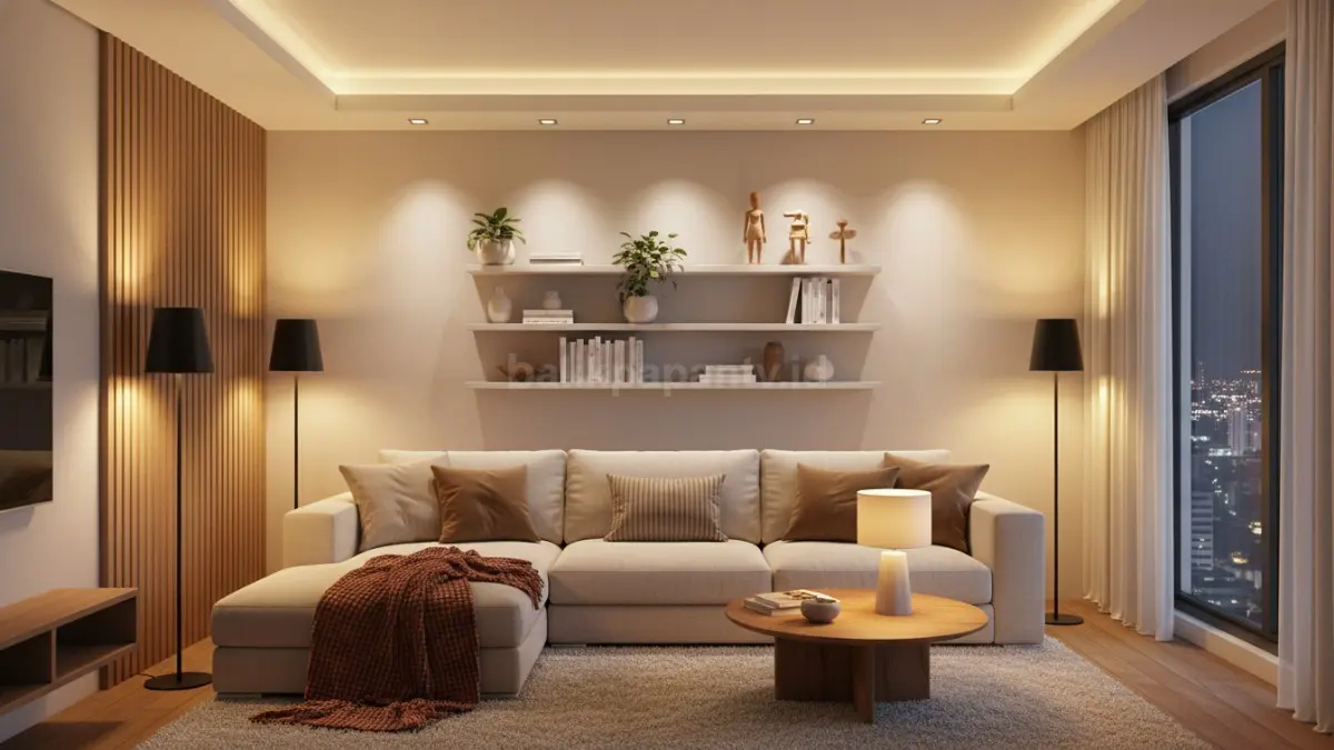 Warm light modern pada ruang keluarga minimalis dengan suasana cozy dan elegan (BTV/Ai)