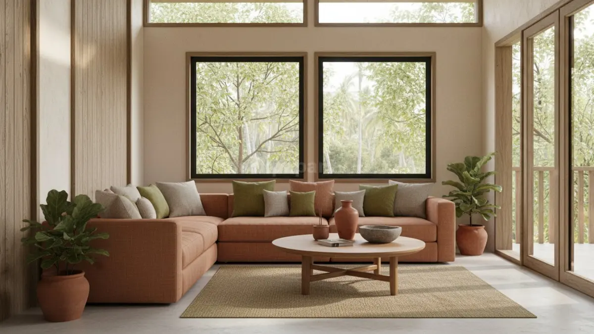 Warna tanah dan linen natural membuat interior terasa hangat, tenang, lembut, serta nyaman dipandang sehari-hari.