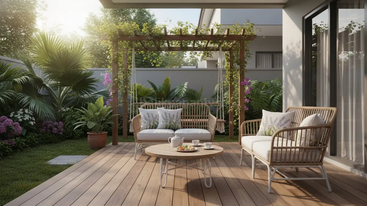 Area taman rumah modern dengan furnitur Provencal natural dan suasana santai hangat (BTV/Ai)