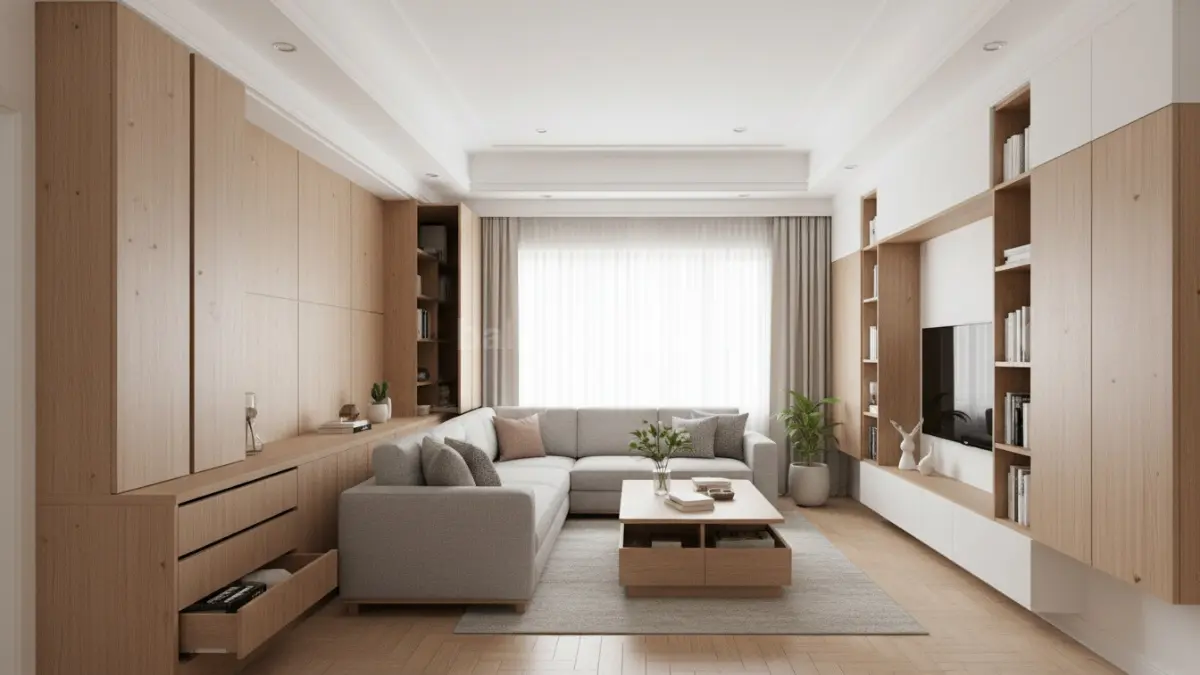 Hidden storage minimalis modern di rumah kecil dengan tampilan rapi dan ruang terasa luas. (BTV/Ai)