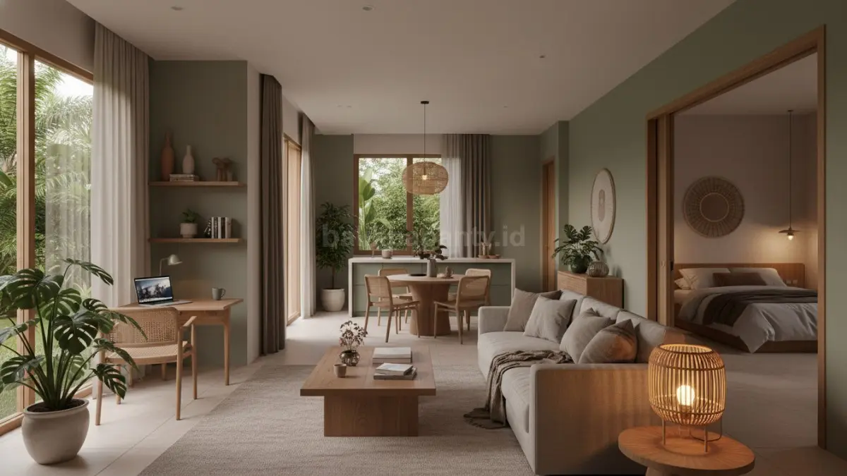 Interior rumah modern 2026 dengan warna earthy dan pencahayaan hangat yang nyaman dipandang (BTV/Ai)