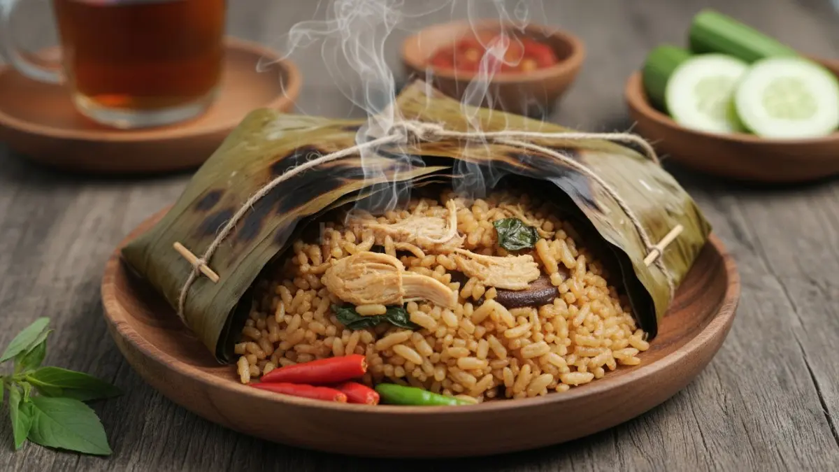 Nasi bakar hangat baru dibuka dari daun pisang dengan aroma asap yang menggoda selera. (BTV/AI) 
