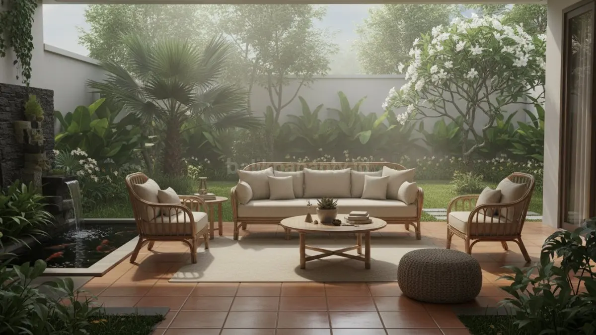 Sofa rotan natural bantalan linen (BTV/Ai)